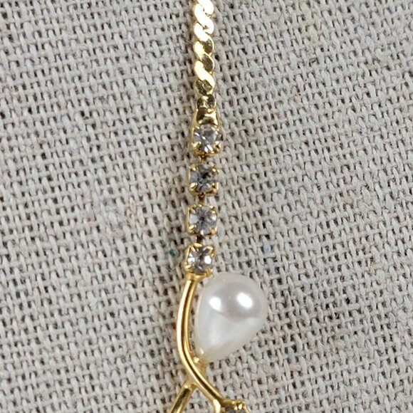 Vintage Gold-Tone Smoke Rhinestone White Faux Pearl Vine Necklace 18 In - Picture 5 of 11